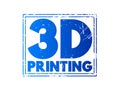 3D Printing - additive manufacturing process that creates a physical object from a digital design, text concept stamp