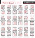 3d printing complex concept science technology thin line web icons vector set. Red black thin line creative design with Royalty Free Stock Photo