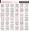 3d printing complex concept science technology thin line web icons vector set. Red black thin line creative design with