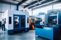 3D printing facility with workers operating advanced machines, creating intricate objects from various materials