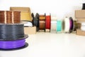3D printing filament reels for 3d printers and boxes with text `3d` on white background