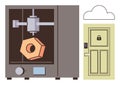 3D Printing Machine Creating Geometric Object Next to Secure Door with Cloud Lock Integration Royalty Free Stock Photo