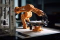 3d printing robot, with arms moving and head turning as it prints out the latest prototype