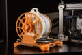 3d printing robot, with extruder head and nozzle printing on roll of filament