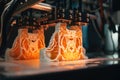 3d printing robot extruding layer of molten plastic to create intricate design