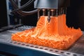 3d printing robot extruding layer of molten plastic to create intricate design