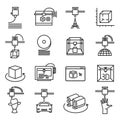 3d printing symbol, three dimensional line icon set