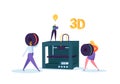 3D Printing Technology Concept. 3D Printer Equipment with Flat People Characters and Computer. Engineering Prototyping