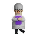 3D Professor Cartoon Character holding a purple notebook