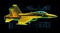 3D projection of a fighter jet, its sleek aerodynamic form with sharp edges and powerful engines