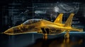 3D projection of a fighter jet, its sleek aerodynamic form with sharp edges and powerful engines