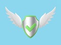 3D protective shield with wings isolated on blue background. Safety badge, security insurance. Reliable protection concept. Vector