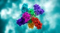 3D protein complex, vibrant colors, detailed molecular structure, soft blue background Royalty Free Stock Photo