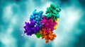 3D protein complex, vibrant colors, detailed molecular structure, soft blue background Royalty Free Stock Photo