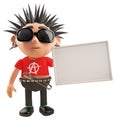 3d punk rock cartoon character with spikey hair holding a blank placard, 3d illustration