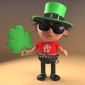 3d punk rocker cartoon character dressed in Irish green holding a shamrock leaf, 3d illustration