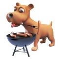 3d puppy dog cartoon character cooking sausages on a barbecue bbq, 3d illustration