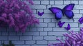 3D Purple Branches, Flowers, and Butterfly Wallpaper with Brick Texture. Royalty Free Stock Photo