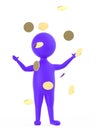 3d purple character standing and raising both hands when golden coin,s falls