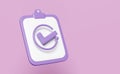 3d purple checklist paper icon isolated on pink background. check marks, tick marks symbols, project plan, business strategy, Royalty Free Stock Photo