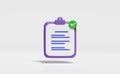 3d purple clipboard white checklist paper icon with check isolated on white background. project plan, business strategy concept,