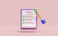3d purple clipboard white checklist paper icon with hand pointing checkmark isolated on pink background. project plan, business Royalty Free Stock Photo