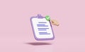 3d purple clipboard white checklist paper icon with hand pointing checkmark isolated on pink background. project plan, business Royalty Free Stock Photo