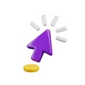 3D Purple Cursor Clicking Yellow Button with White Pulsing Effect on White Background pointer Royalty Free Stock Photo