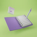 3D purple diary and pen with calendar on green background Royalty Free Stock Photo