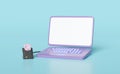 3d purple laptop computer with smart card reader, external USB card reader, Id card icon isolated on blue background. 3d render Royalty Free Stock Photo