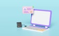 3d purple laptop computer with  smart card reader, external USB card reader, Id card, WiFi icon isolated on blue background. 3d Royalty Free Stock Photo