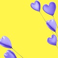 3d purple realistic balloons in heart shape on yellow background