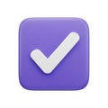 3D Purple Square Icon With White Check Mark On White Background tick correct Royalty Free Stock Photo