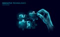 3D puzzle pieces joined together. Teamwork business concept. Creative idea problem solution cooperation. Low poly blue