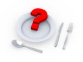 3d question mark in plate with fork, spoon and knife Royalty Free Stock Photo