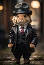 3d rabbit wearing a hat and leather jacket in the city. Peaky blinder style