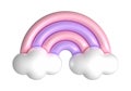 3d rainbows in candy pastel color pink, purple. Cute plastic rainbow with clouds. 3d rendering spring illustration