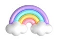 3d rainbows in candy pastel color pink, yellow, blue, purple. Cute plastic rainbow with clouds. 3d rendering spring