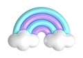 3d rainbows in candy pastel color purple, blue. Cute plastic rainbow with clouds. 3d rendering spring illustration