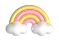 3d rainbows in candy pastel color yellow, pink. Cute plastic rainbow with clouds. 3d rendering spring illustration