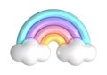 3d rainbows in candy pastel color yellow, pink, purple, blue. Cute plastic rainbow with clouds. 3d rendering spring