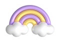 3d rainbows in candy pastel color yellow, purple. Cute plastic rainbow with clouds. 3d rendering spring illustration