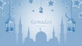 3d Ramadan Kareem blue pastel background, Islamic design, crescent moon, lantern, star and mosque silluette Royalty Free Stock Photo