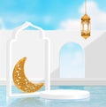 3d ramadan kareem minimal surrealism white background Translation of text : Ramadan Kareem with golden lamp and podium