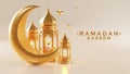 3d Ramadan Kareem podium with golden moon star and lantern, mosque door islamic pattern, arabic coffee pot, date palm fruit,