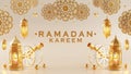 3d Ramadan Kareem podium with golden moon star and lantern, mosque door islamic pattern, arabic coffee pot, date palm fruit,