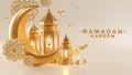 3d Ramadan Kareem podium with golden moon star and lantern, mosque door islamic pattern, arabic coffee pot, date palm fruit,