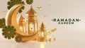 3d Ramadan Kareem podium with golden moon star and lantern, mosque door islamic pattern, arabic coffee pot, date palm fruit,