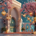 3d ramadan night banner template. Cute mosque with moon glowing light in the evening. Eid mubarak