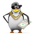 3d Rapper penguin holds US Dollars